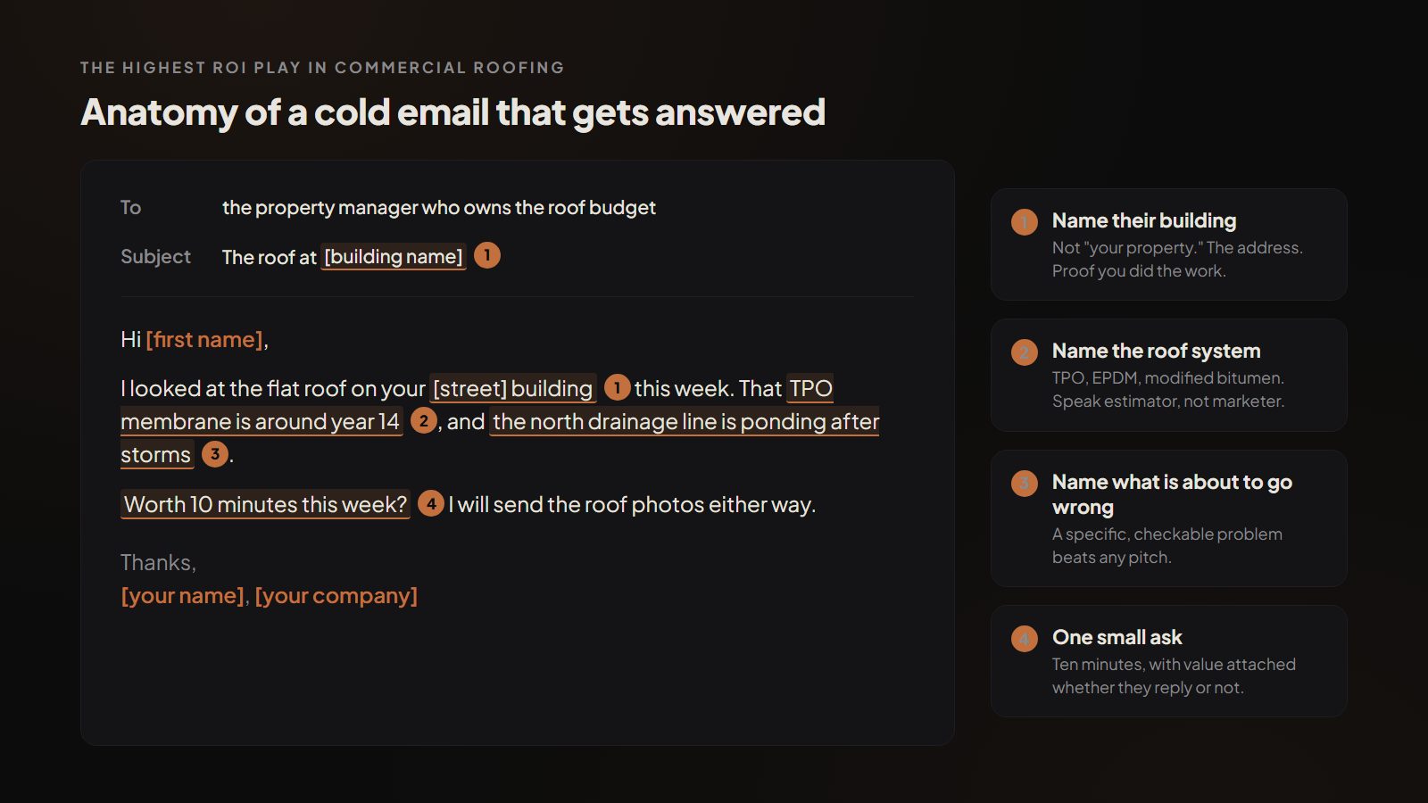 Annotated cold email to a property manager, the highest ROI play in commercial roofing marketing