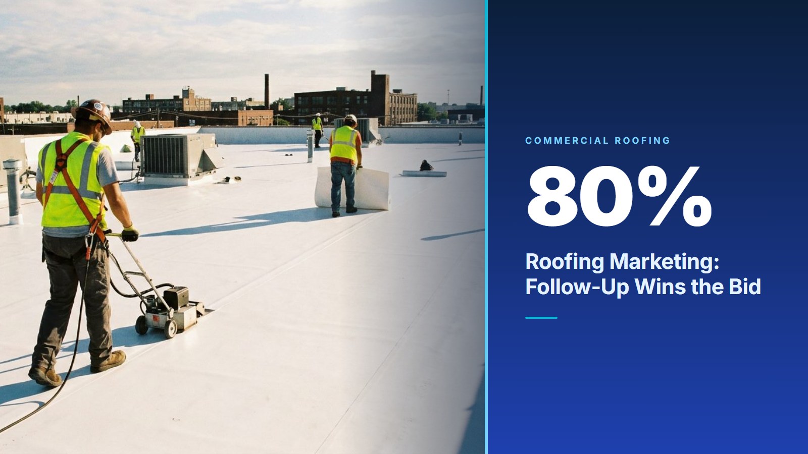 Commercial roofing crew installing white TPO membrane on a flat roof beside a blue stat panel showing the $400,000 re-roof contract at stake in commercial roofing marketing