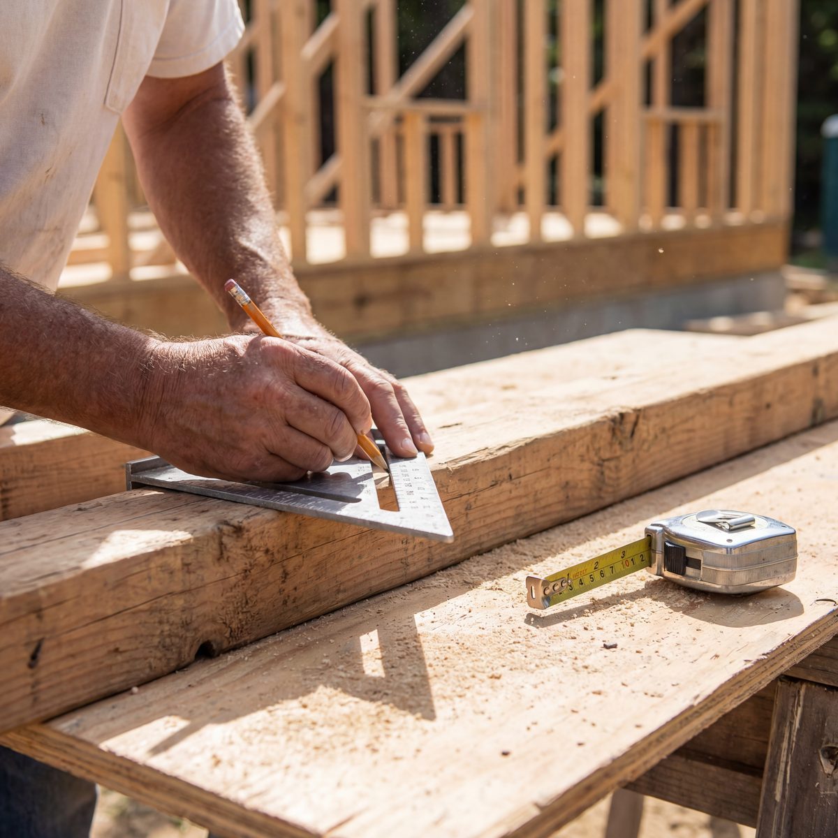 Carpenter marking measurement on wood beam