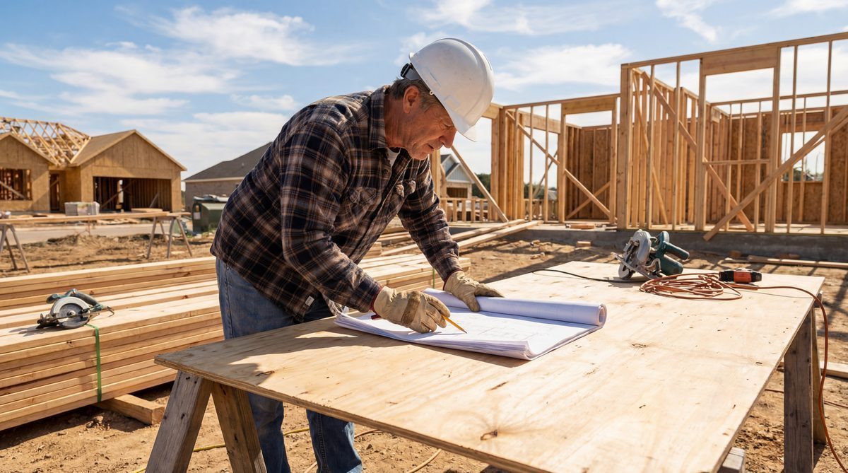 General contractor reviewing blueprints at active construction site
