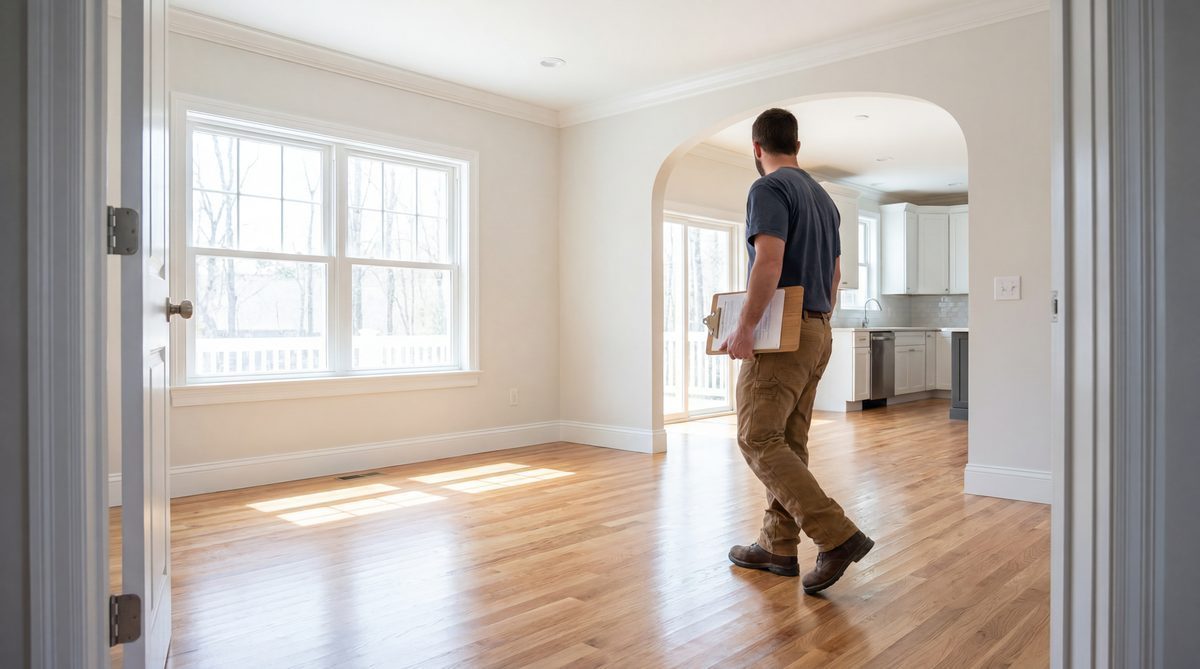 Contractor inspecting finished home renovation with natural light