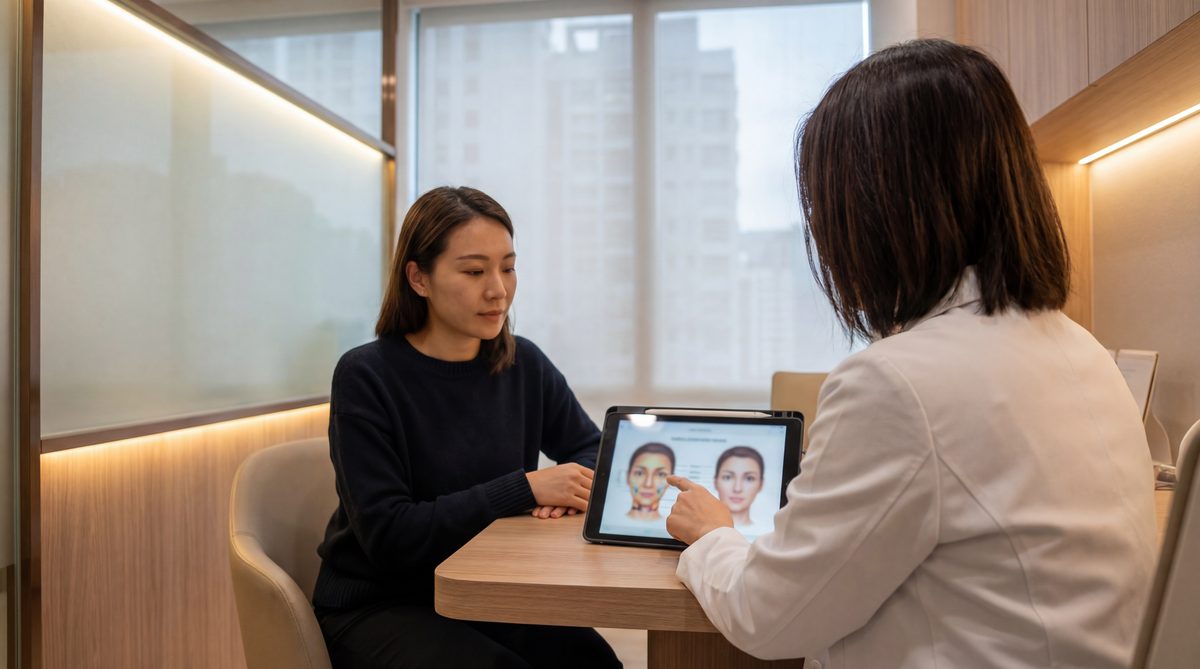 Patient reviewing before-and-after photos during consultation