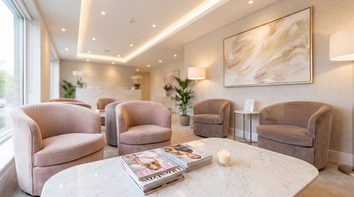 Cosmetic surgery practice waiting room with modern aesthetic design