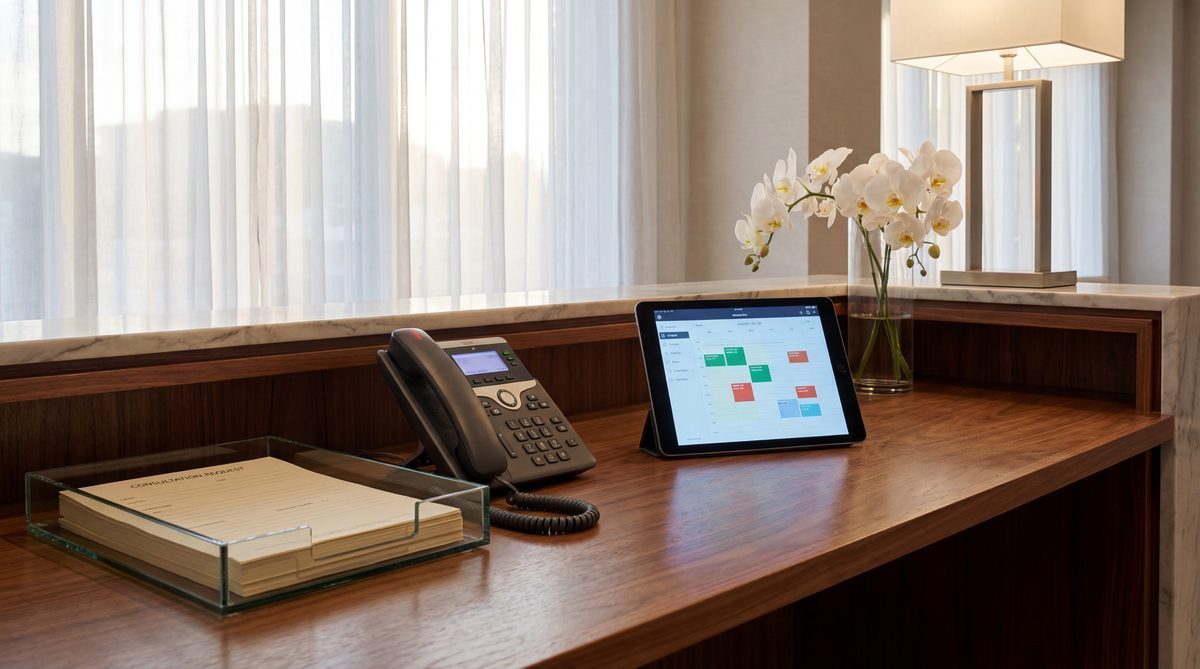 Cosmetic surgery reception desk with piling consultation requests