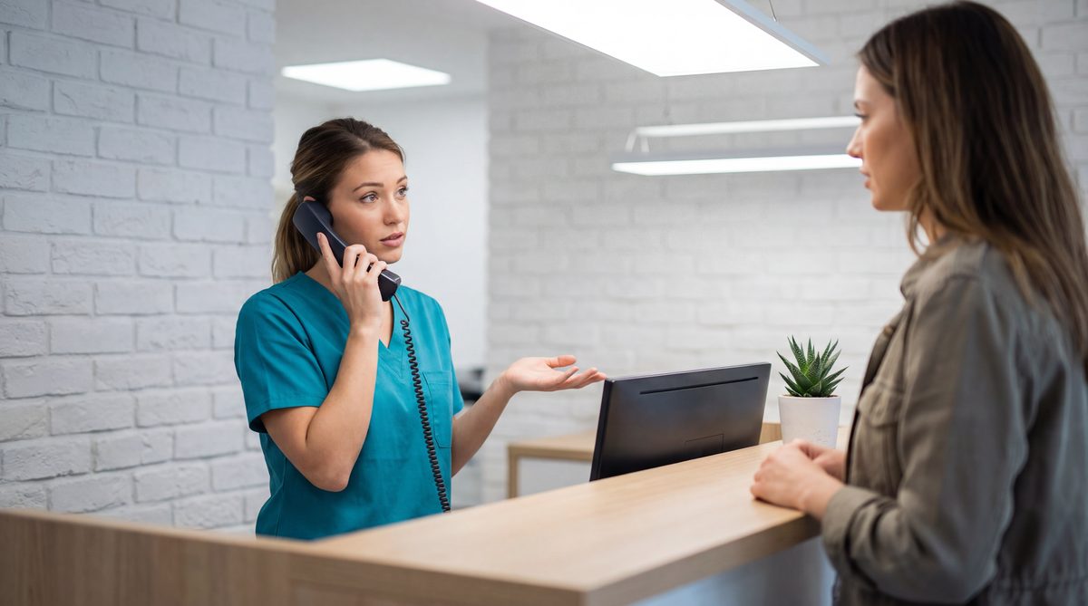 Dental practice front desk with phone ringing while staff assists patient in person