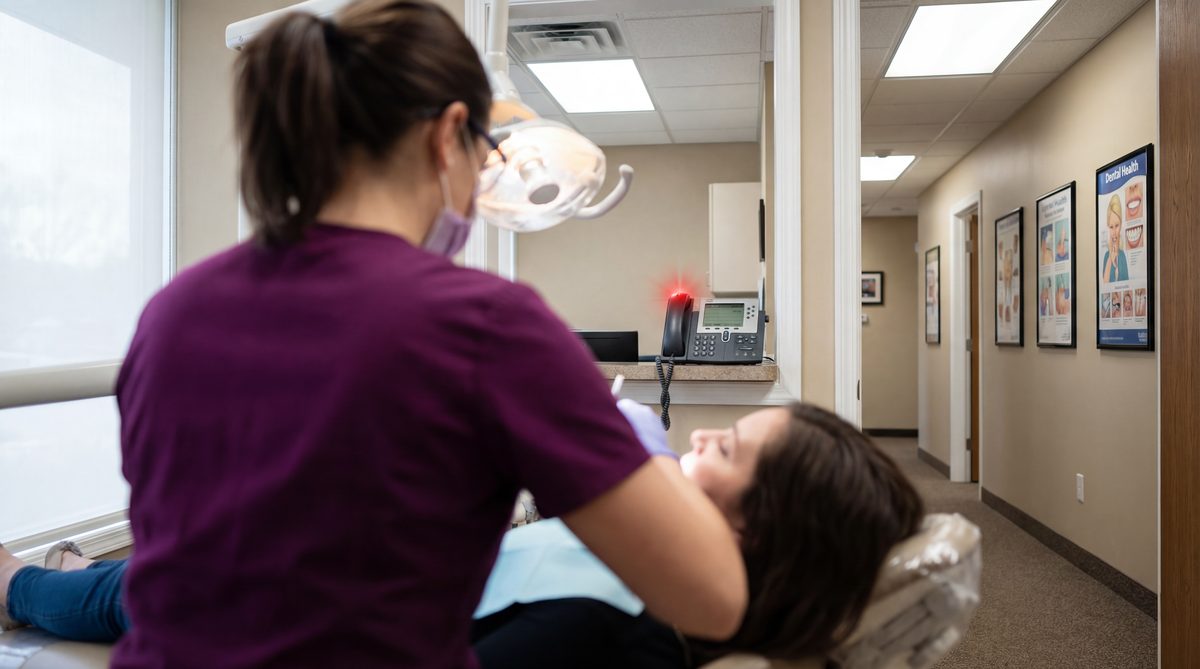 Dental hygienist working while phone rings at front desk in background