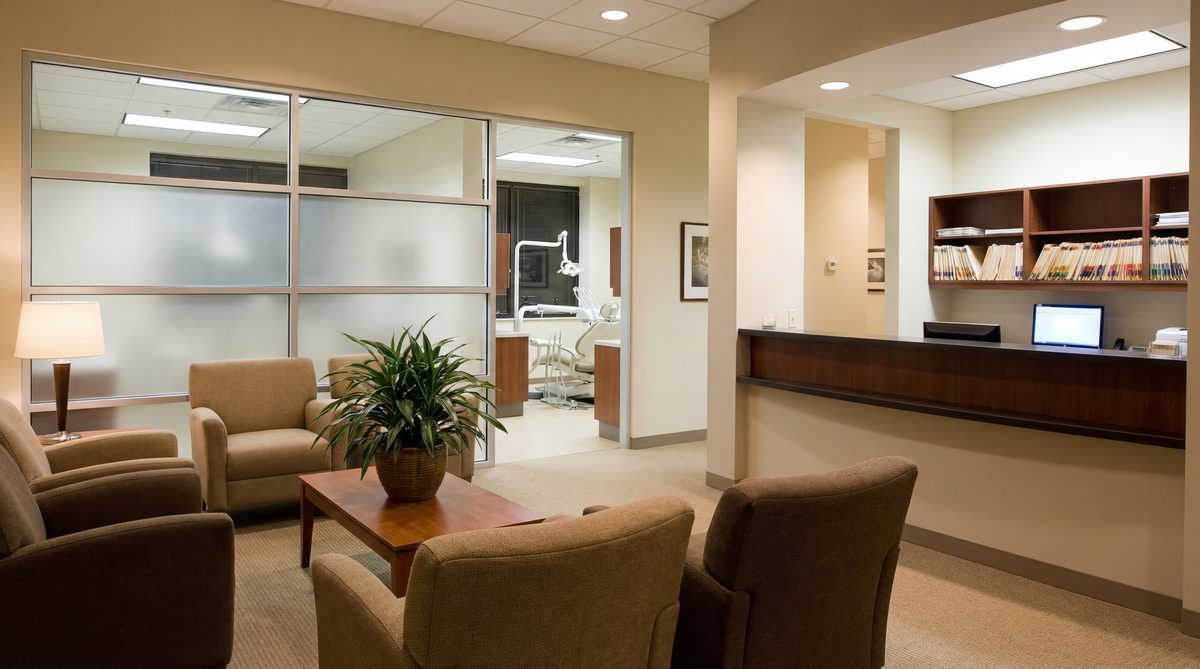 Modern dental office reception area with warm inviting lighting