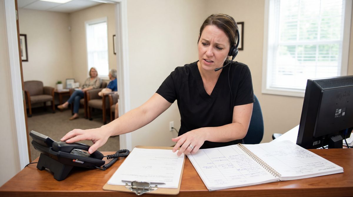 Dental receptionist overwhelmed handling phone and patient check-in