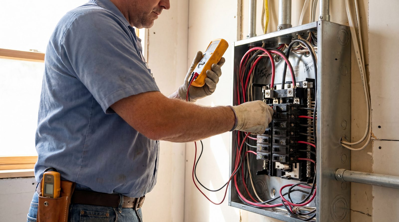 Electrician reviewing marketing leads on phone at job site