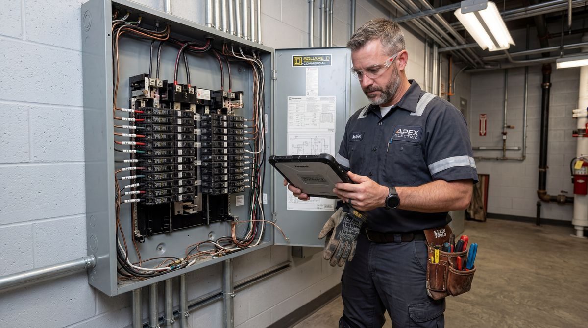 Electrician reviewing marketing leads on phone at job site