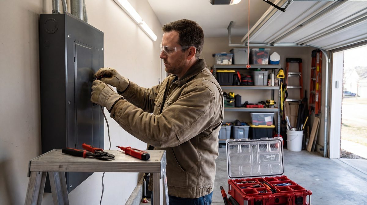 Electrician installing smart electrical panel in residential garage