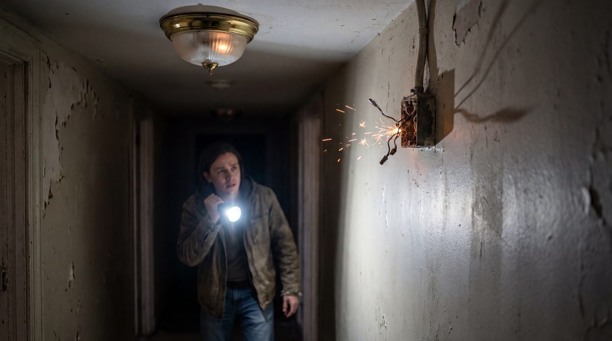 Flickering light fixture with sparks at junction box