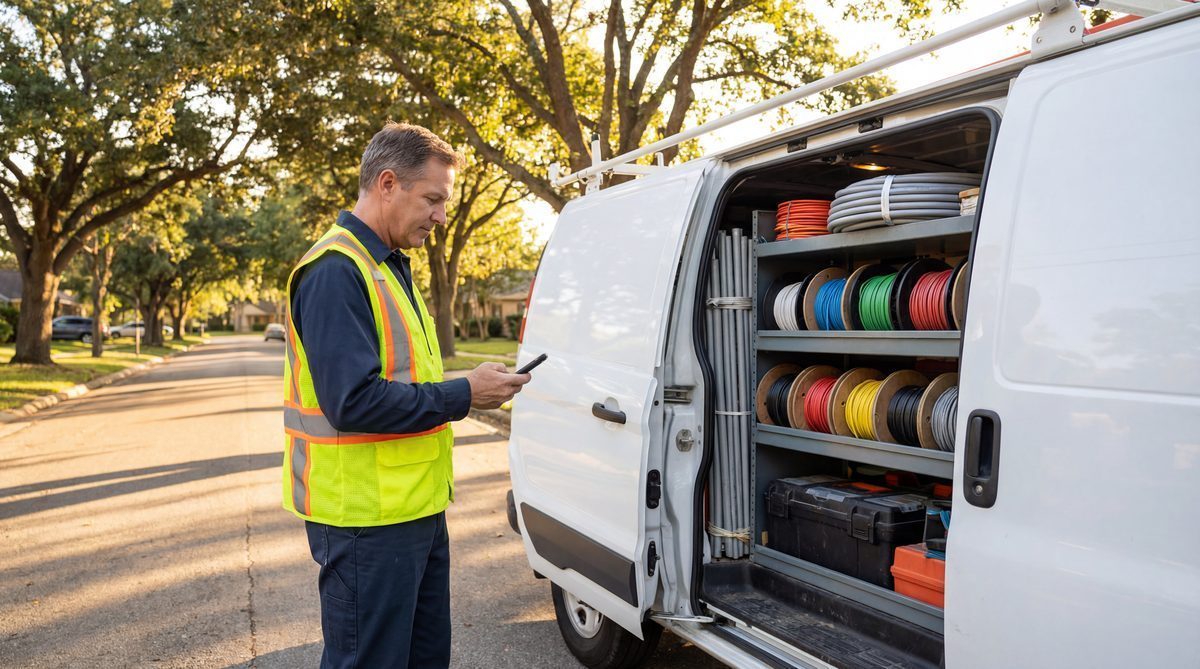 Electrician reviewing AI-dispatched job order on smartphone