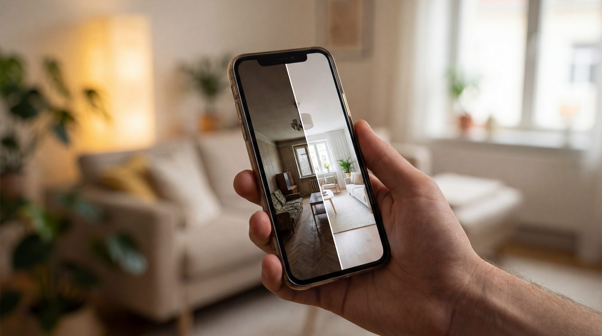 Smartphone showing a contractor ad with before and after renovation photos