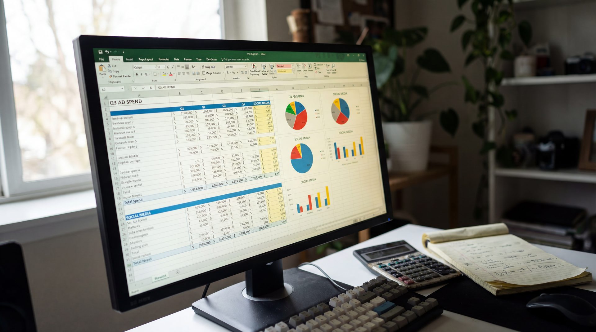 Spreadsheet on screen with ad spend columns and a calculator nearby