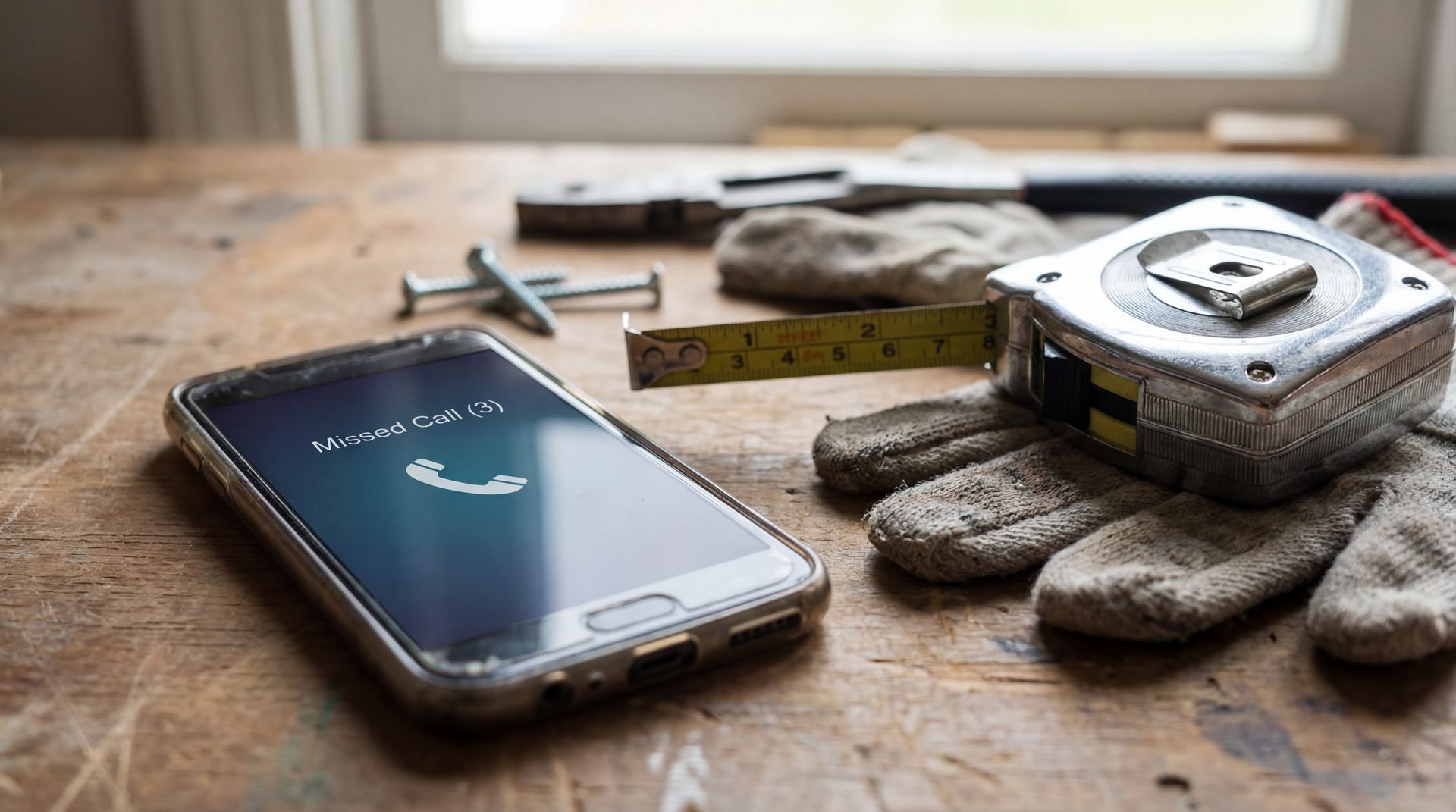 Smartphone with missed call notifications next to contractor tools on a workbench