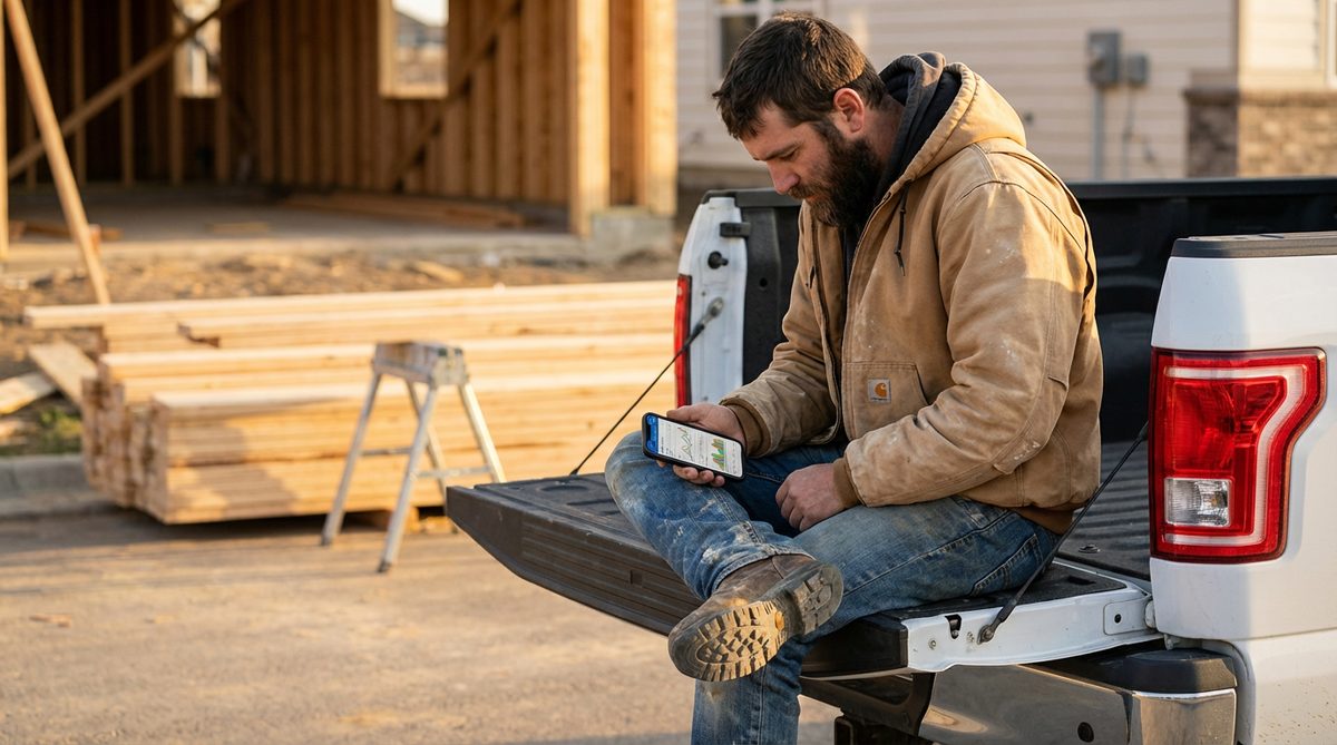 Contractor reviewing Facebook ad results on phone at job site
