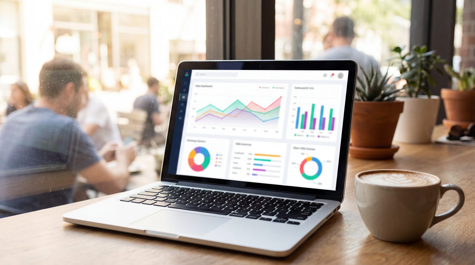 Laptop showing a marketing analytics dashboard with graphs in a coffee shop
