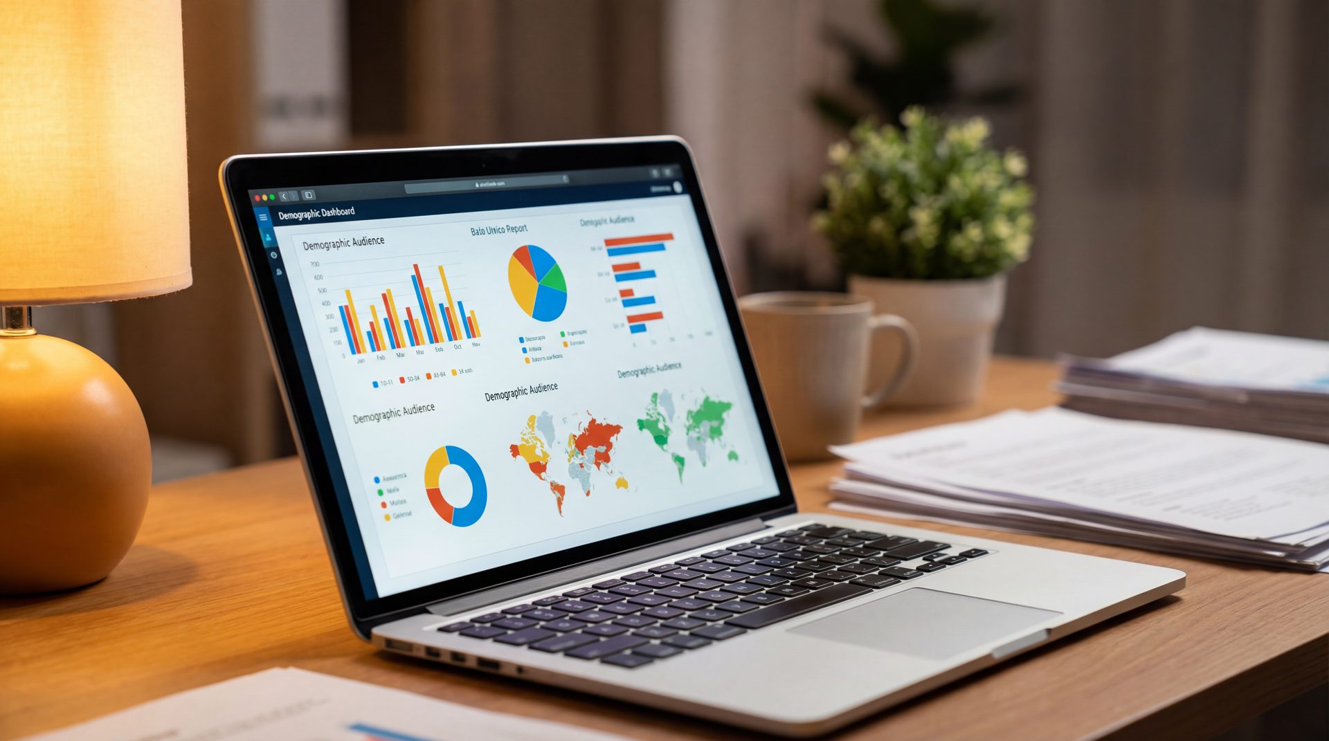 Laptop showing an audience targeting dashboard in a home office