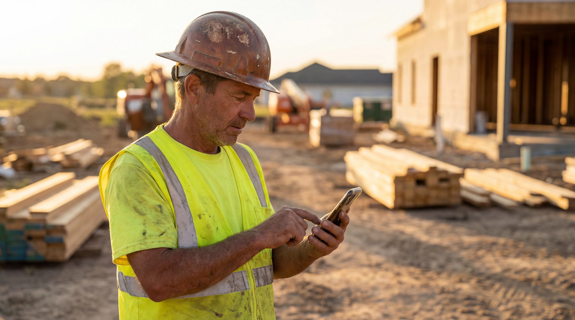 Contractor scrolling through social media on a smartphone at a job site