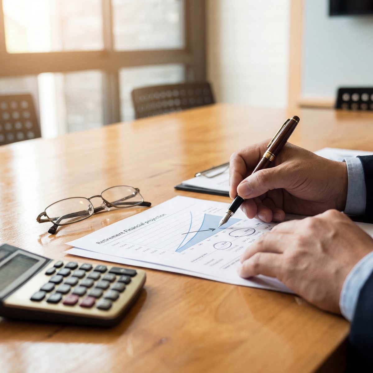 Advisor marking a retirement chart with a fountain pen