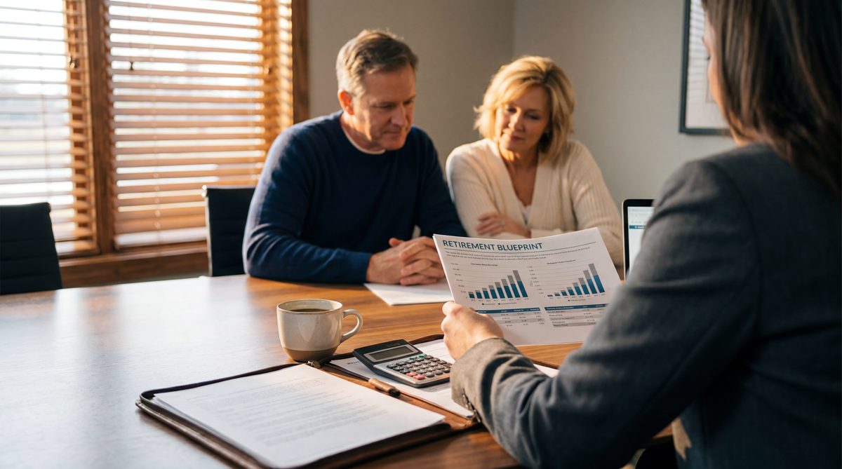 Financial advisor reviewing portfolio with client at conference table