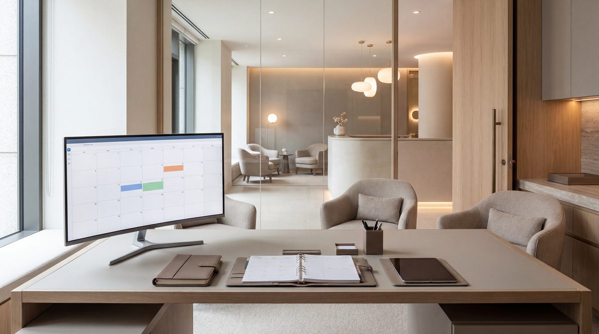 Modern advisory office with calendar and client meeting space