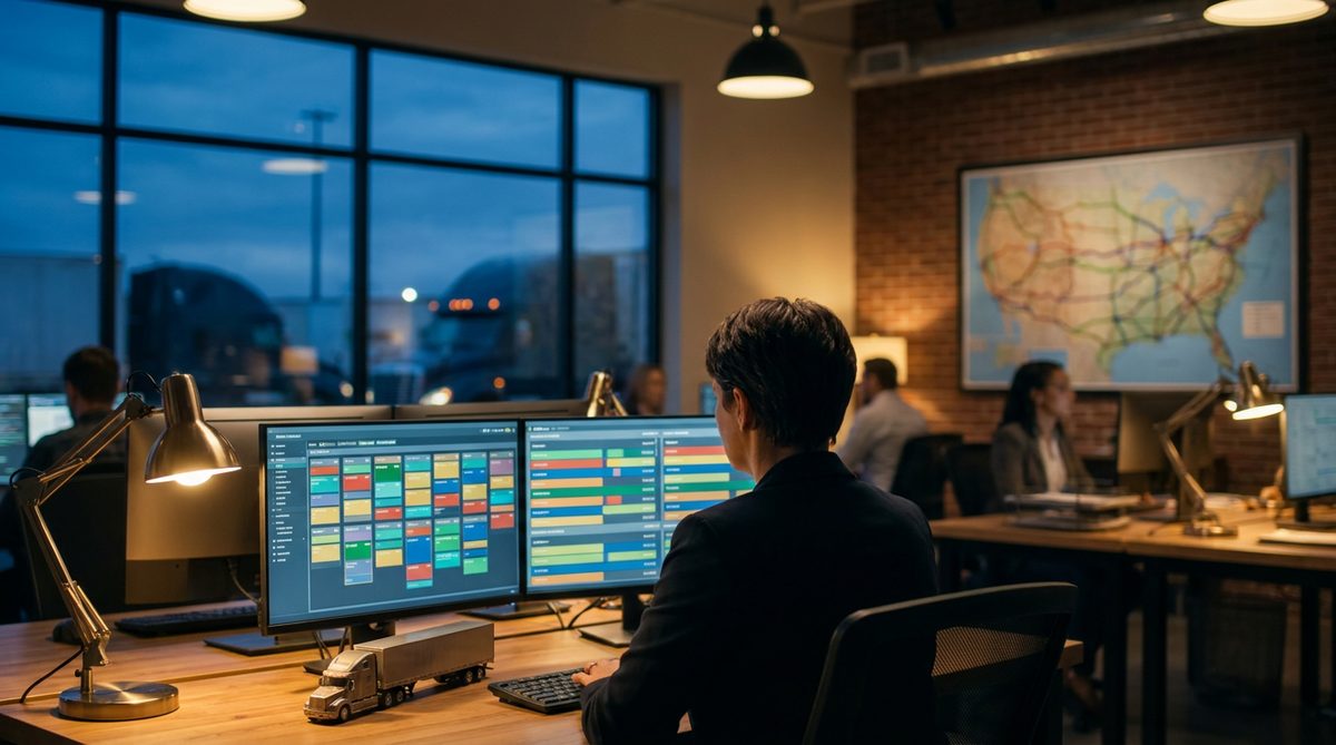 Freight brokerage office at dusk, a broker at a dispatch desk with dual monitors showing an organized leads queue, a wall map and trucks visible through the window, seen from behind