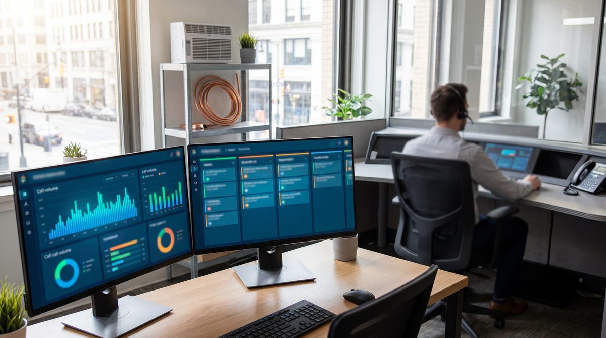 Modern HVAC dispatch operation with multiple screens showing real-time call activity