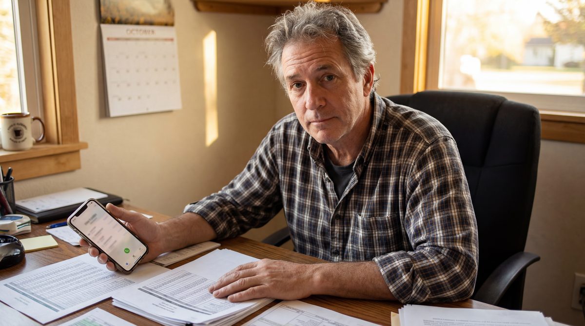 HVAC business owner reviewing lead response data on computer with phone