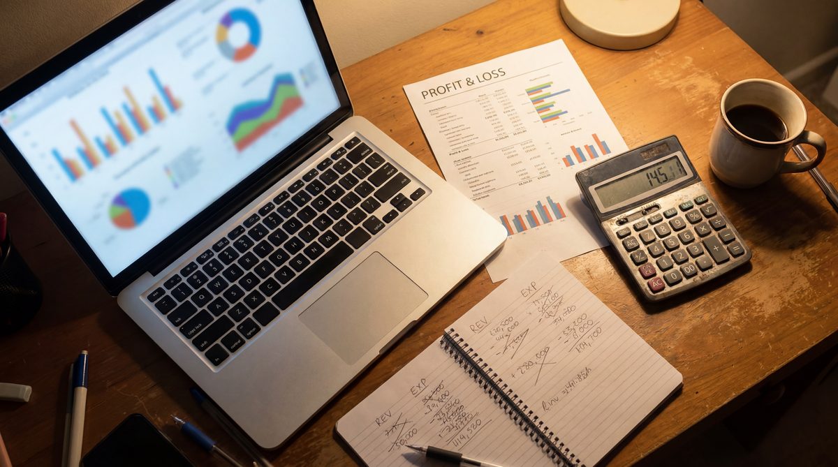 HVAC business owner reviewing P&L with calculator showing lost revenue calculations