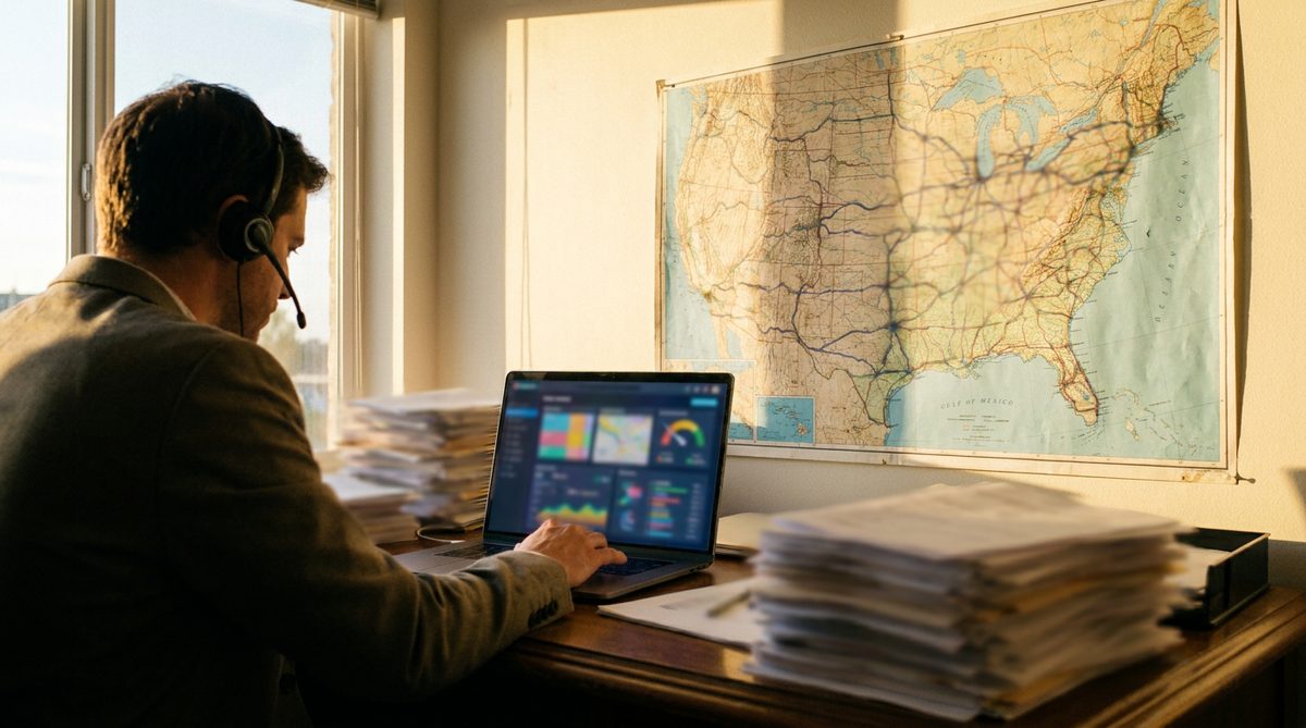 Freight broker reviewing shipper prospect lists at a desk beside a large U.S. logistics lane map, a phone headset nearby, late afternoon light, seen obliquely from behind