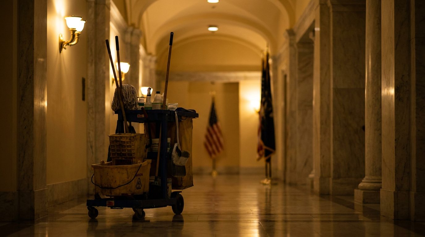 Janitorial cart in a government building corridor at night, the public-sector answer to how to get janitorial contracts