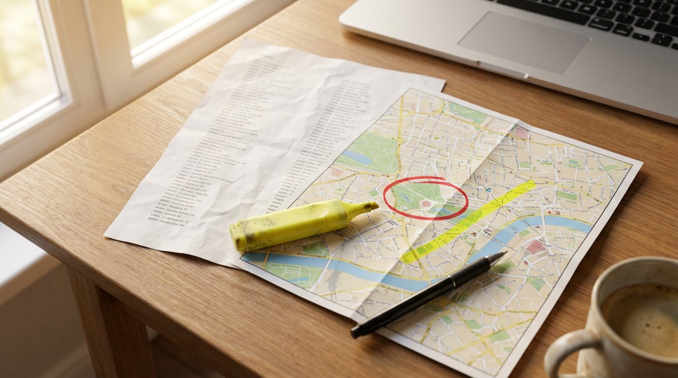 Printed building list and city map with a 30-minute service radius marked in highlighter, the first step in how to get commercial cleaning contracts