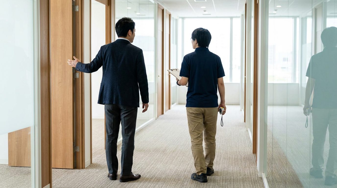 Facility manager and cleaning contractor walking an office corridor with a clipboard and tape measure during a janitorial walkthrough
