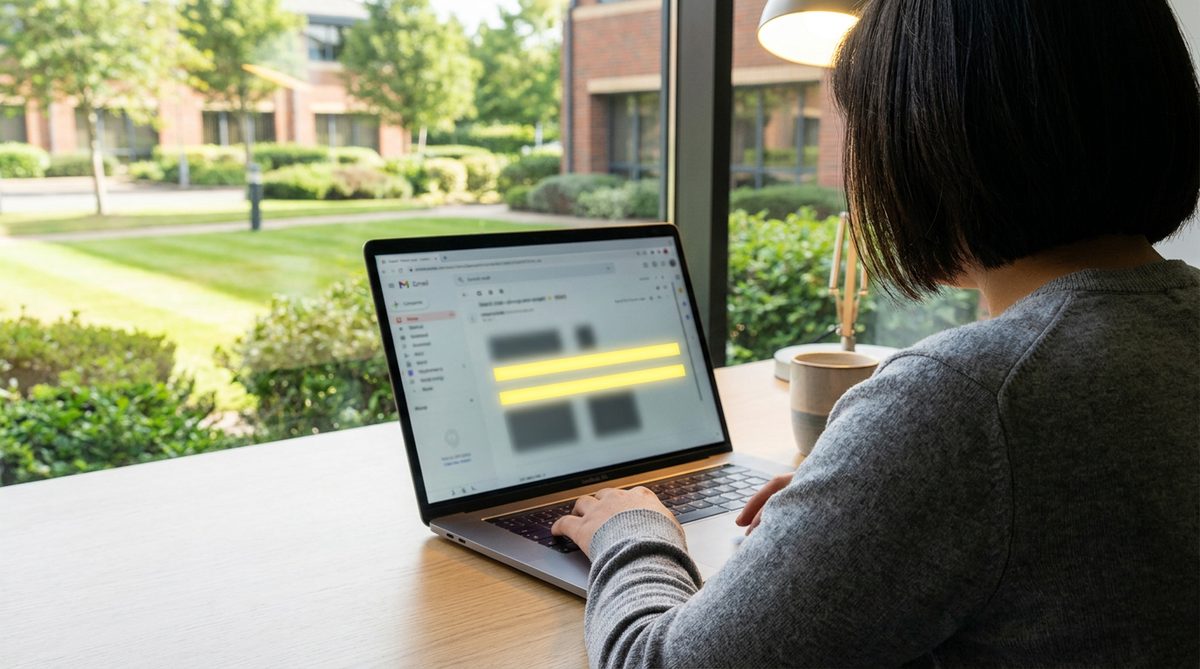 Property manager reading an outreach email with two lines highlighted, at a desk overlooking commercial office park grounds