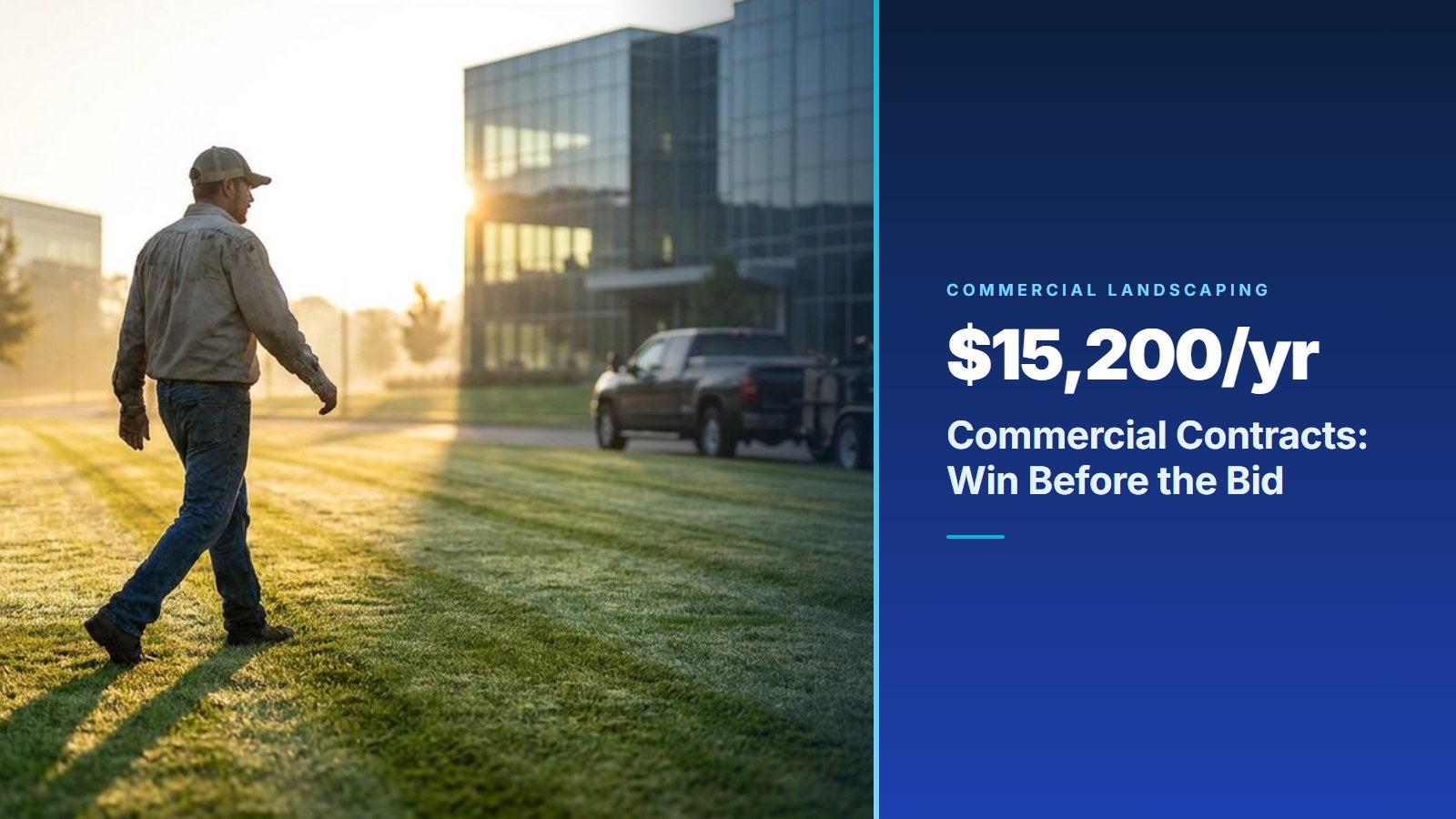 Landscaping foreman walking a commercial office park at sunrise next to a stat panel showing a $15,200 per year commercial landscaping contract