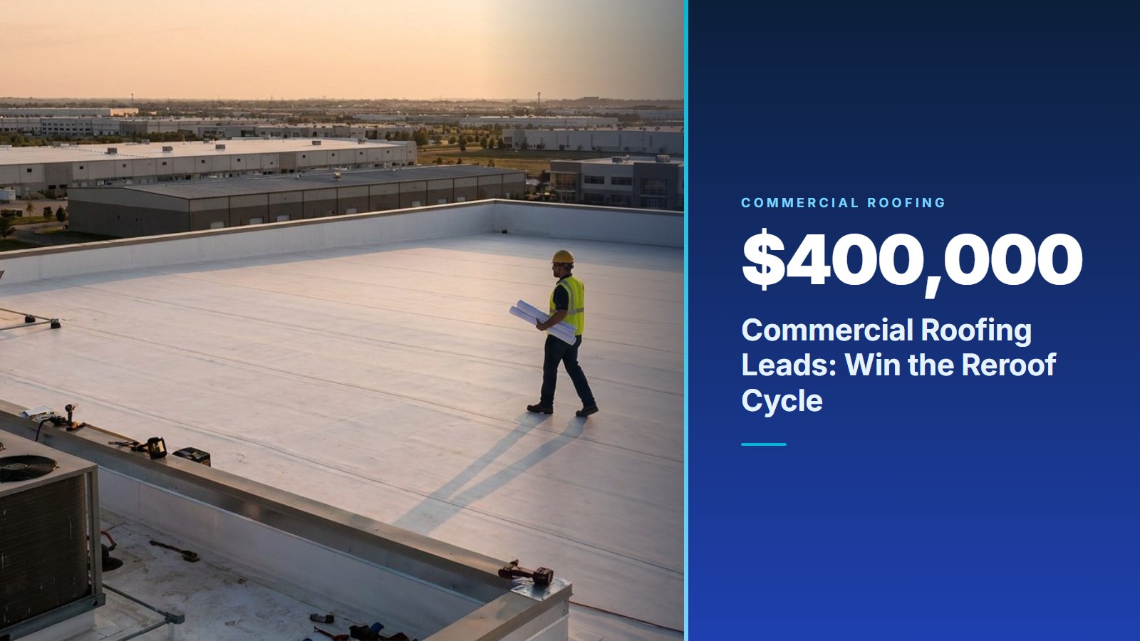 Commercial roofing estimator walking a flat TPO membrane roof next to a stat panel showing the $400,000 reroof at stake in commercial roofing leads