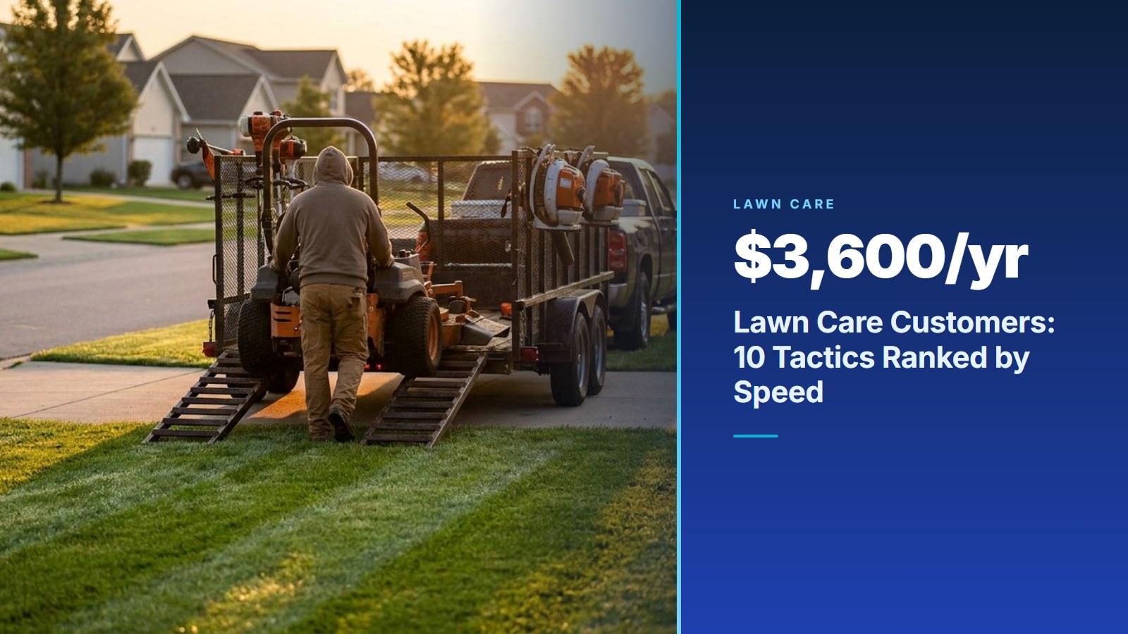 Lawn care crew loading a zero turn mower onto a trailer next to a stat panel showing $3,600 a year per route stop, illustrating how to get lawn care customers fast