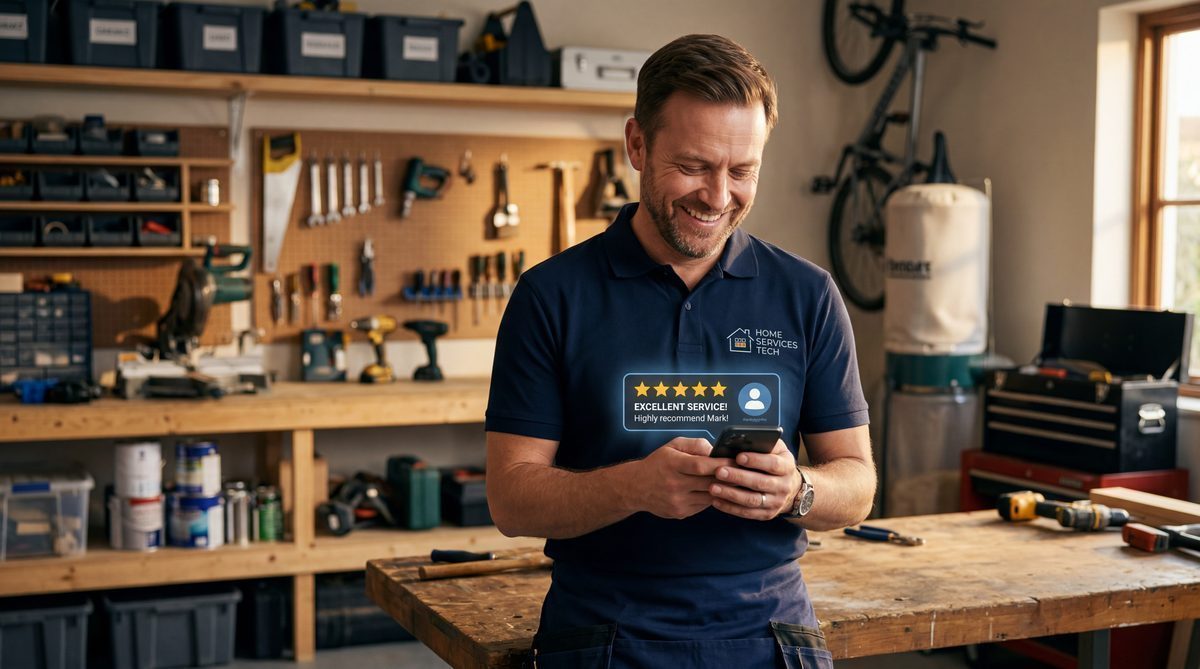 Contractor smiling at five-star Google reviews on phone