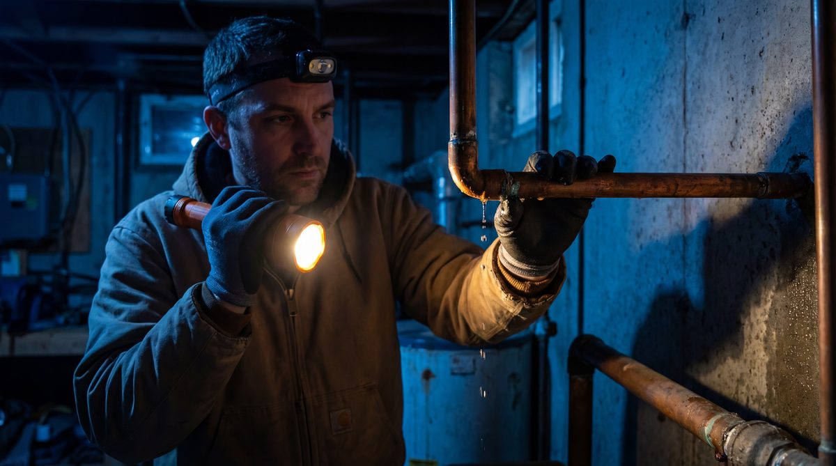 Plumber responding to an after-hours emergency call with flashlight