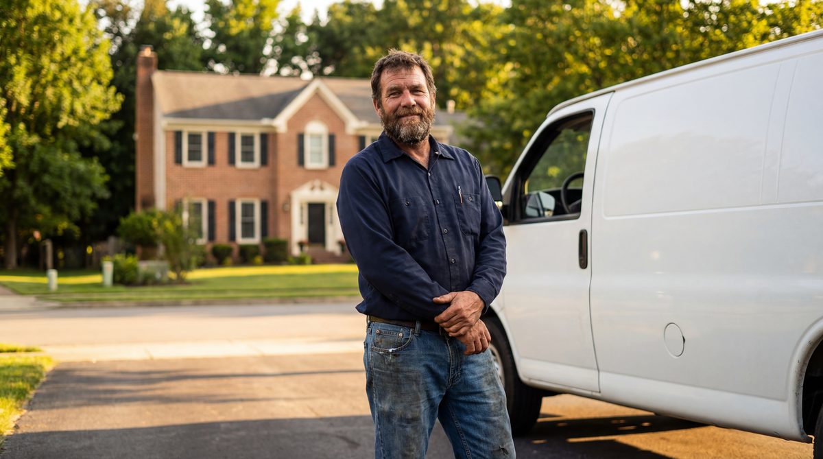 Plumber owner-operator standing next to service truck with tools