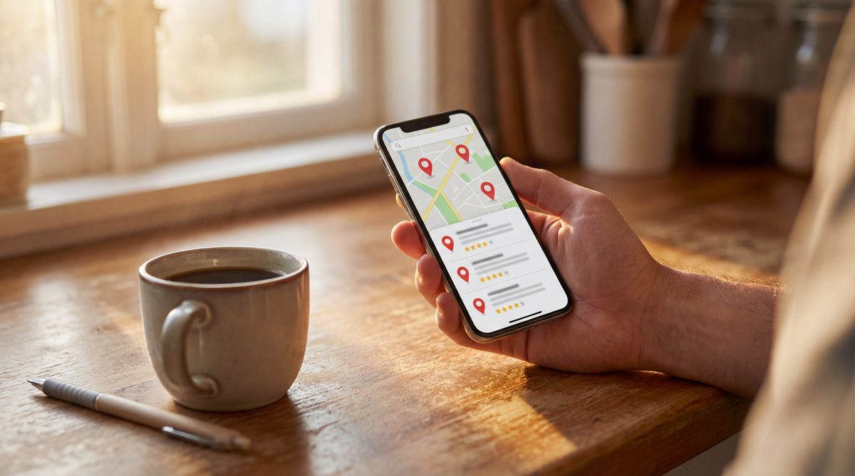 Phone showing Google Maps search for plumber near me with local results