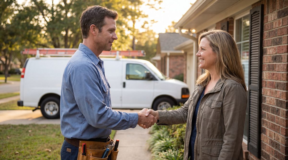 Plumber shaking hands with satisfied homeowner after completing a repair