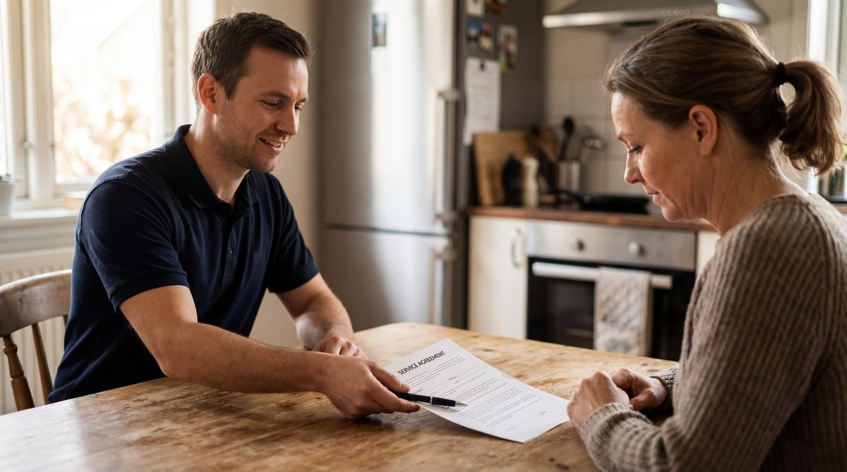 Plumber handing a homeowner a service agreement document at a kitchen table