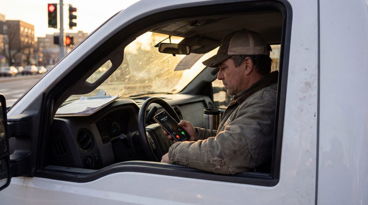 Plumber checking phone for missed call while driving service truck