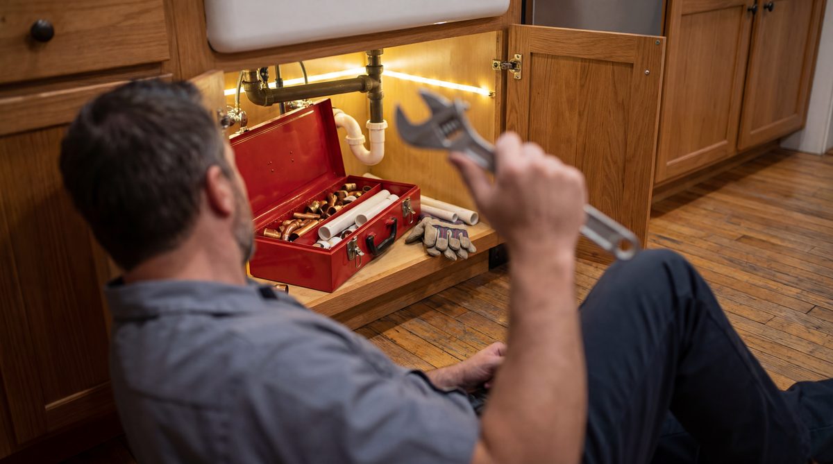 Plumber working under a kitchen sink with toolbox open