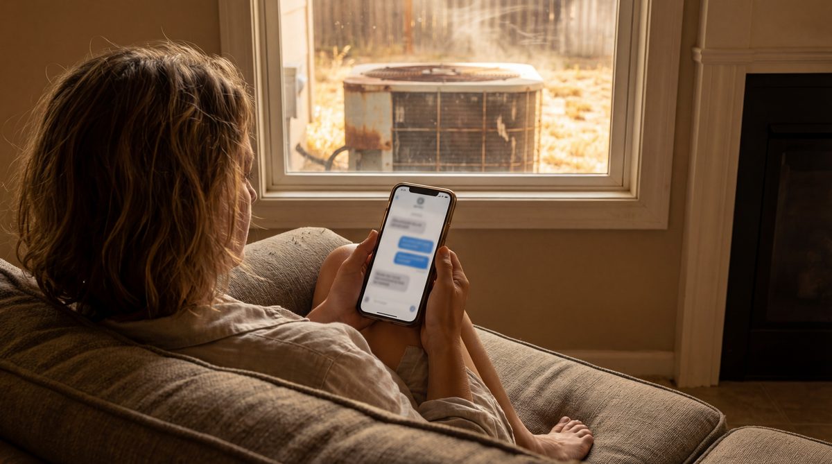 Homeowner on her couch using an AI chat app on her phone with a broken AC unit visible through the window
