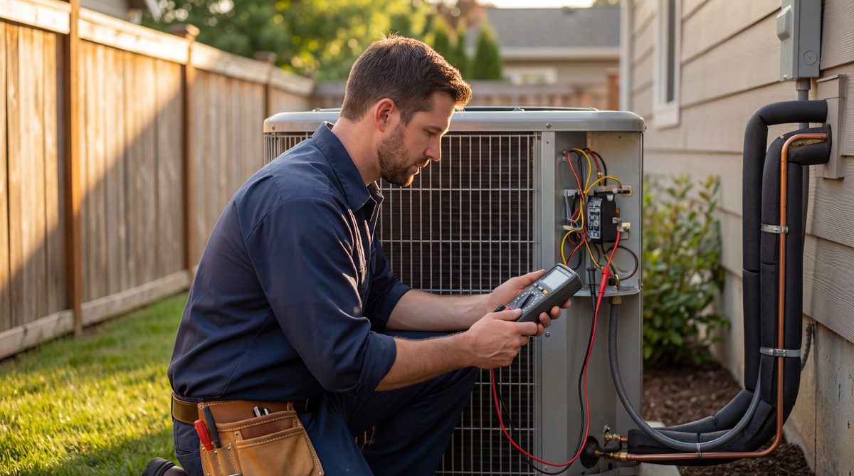 HVAC business owner reviewing growth metrics on tablet next to service van