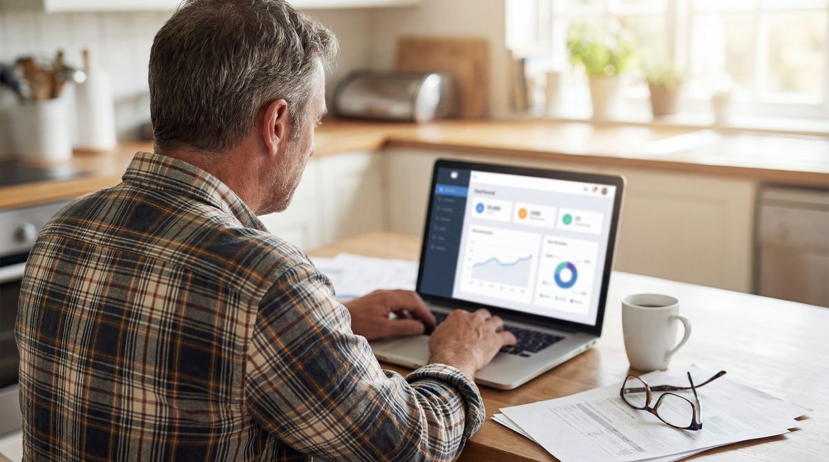 HVAC business owner reviewing his Google Business Profile dashboard on a laptop at the kitchen table